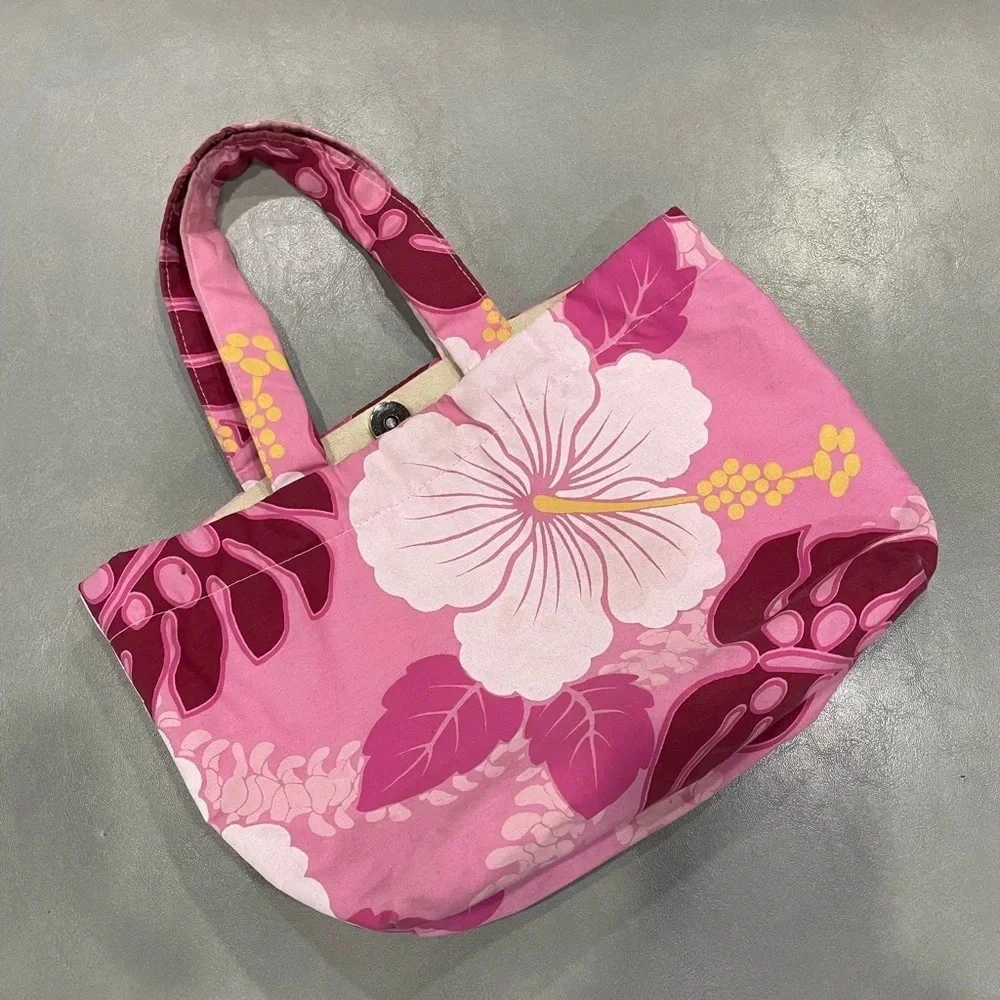 Hawaii Pink Flowers Bag About 12” Long with Pockets for Cosmetics
